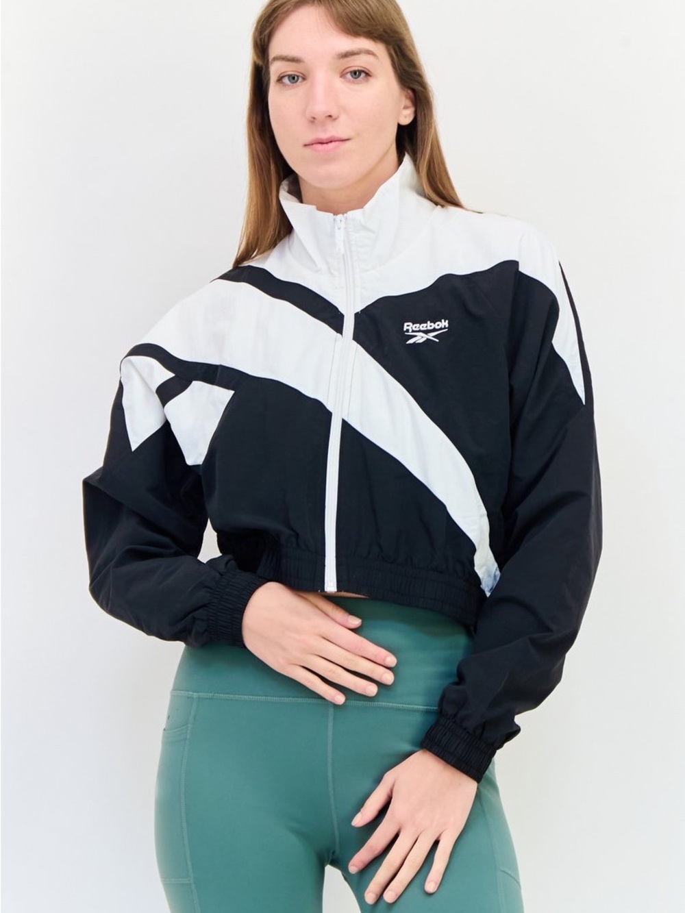 Reebok Black & White Cropped Bomber Windbreaker Jacket